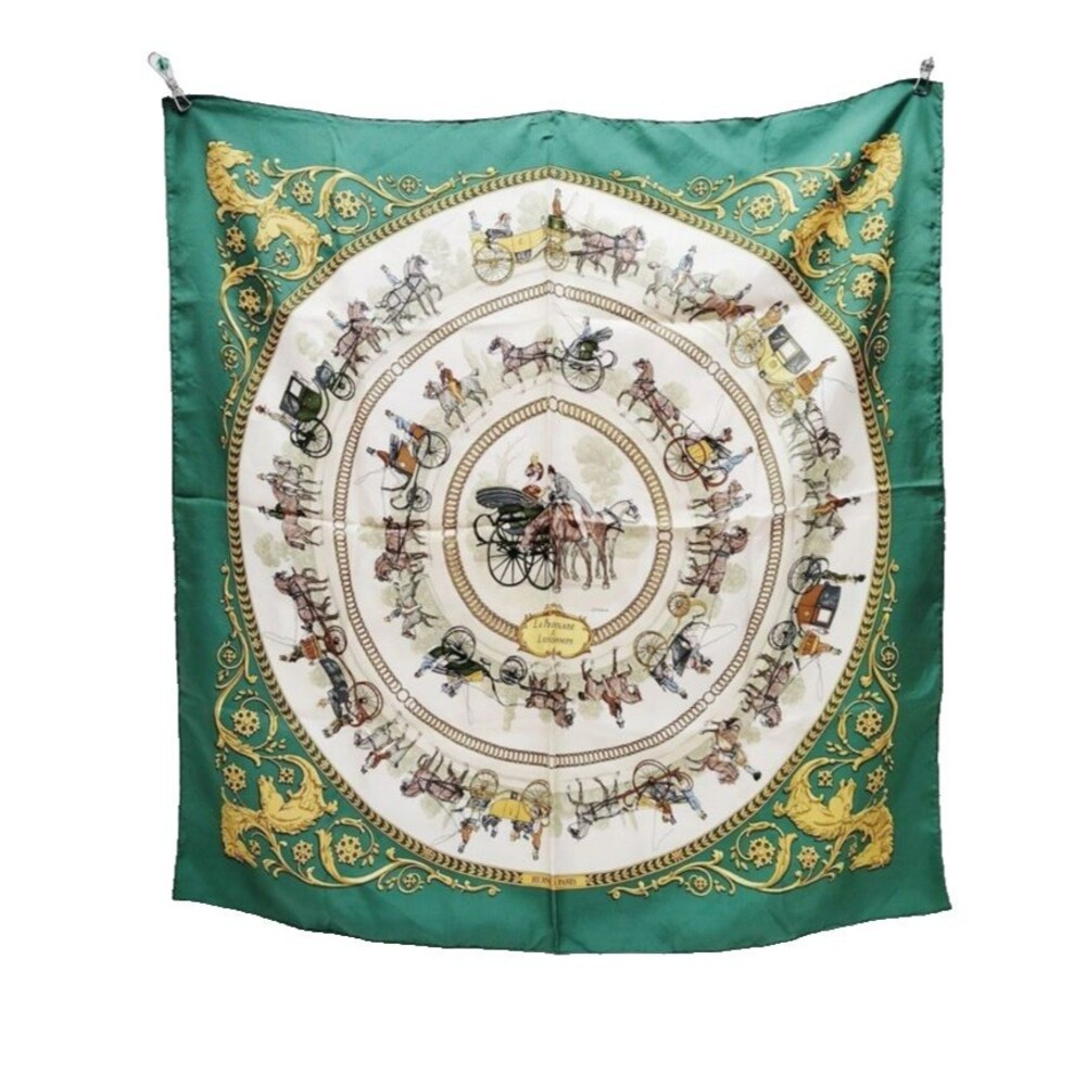 Hermès Carre 90 Silk Scarf La Promenade de Longchamps Green – Made in France/46